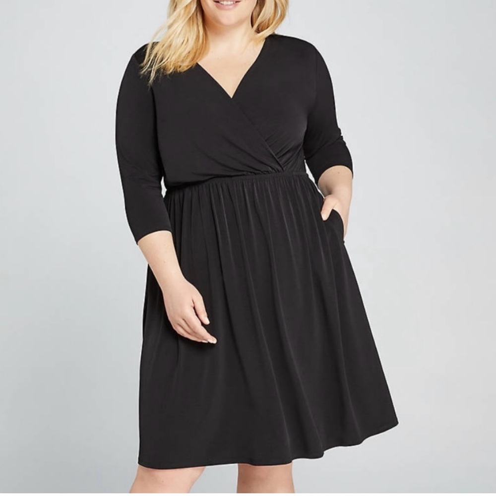 Lane Bryant Faux Wrap Gathered Black Fit and Flare Dress, 14/16, NWT